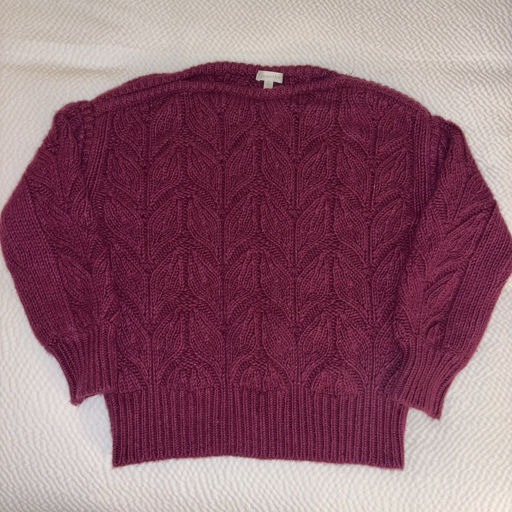 Garnet Hill Sweater Recycled Cashmere Leaf Cable Knit Boat Neck Wine Color Sz M
